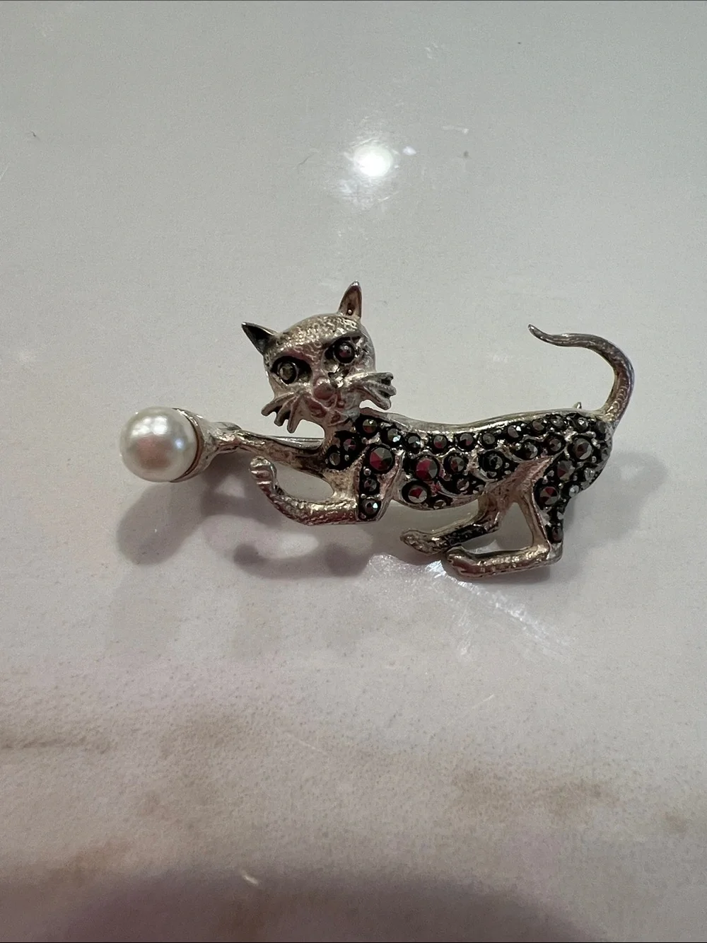 F#2-Silver Cat Brooch with Pearl Accent - Elegant Cat Pin